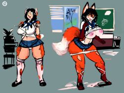 ! 2019 4:3 absurd_res anthro before_and_after big_breasts black_hair blush bodily_fluids bottomwear breast_expansion breasts cameltoe canid canine clothing dirtyscoundrel female footwear fox fur genital_fluids hair hi_res inside legwear mammal nipples open_mouth original_character pussy pussy_juice red_body red_fur rough_sketch school_uniform shoes skirt solo standing stockings surprise thick_thighs torn_clothes transformation underwear uniform wide_hips