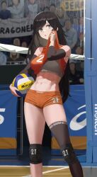 1girls abs black_hair breasts clothing darr1o female hi_res large_breasts legs light-skinned_female light_skin long_hair navel open_mouth original public sera_richer_(judgemint) shirt shirt_lift short_shorts shorts solo sports sports_bra sports_uniform standing thick_thighs thighhighs toned toned_female uragoner volleyball volleyball_uniform