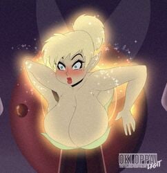 alternate_breast_size blonde_hair blush blushing boob_window disney disney_fairies fairy fairy_wings hanging_breasts huge_breasts keyhole no_bra okioppai peter_pan_(disney) pointy_ears stuck stuck_in_door surprised thick_lips tinker_bell