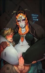 1boy 1girls areolae ass balls breasts dialogue erection female gentle_femdom good_boy half-closed_eyes heart interspecies larger_female link link_(twilight_princess) male midna nintendo nipples penetration penis pussy sex size_difference smaller_male spread_legs straight testicles text the_legend_of_zelda thick_thighs twili_midna twilight_princess vaginal_penetration watermark wholesome wide_hips yellowroom