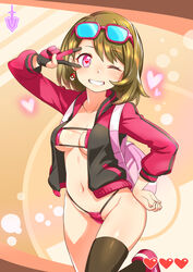 1girls alternate_eye_color alternate_outfit backpack bag bikini brown_hair card casual clothed earrings eye_contact eyepatch_bikini eyewear gloria_(pokemon) heart heart-shaped_pupils human jacket league_card looking_at_viewer nintendo original_character outerwear perky_breasts pink_eyes pokemon pokemon_ss revealing_clothes small_breasts solo underboob watermark wide_hips zaxwu