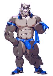 2019 5_fingers abs anthro biceps big_muscles blue_eyes bodily_fluids bulge canid canine canis clothed clothing conal_(character) eyebrows fingers fur grey_body grey_fur grey_hair hair headphones hi_res looking_at_viewer male male_only mammal multicolored_body multicolored_fur muscular muscular_male nipples pecs penis_outline pink_nipples pink_nose plantigrade simple_background sneakers solo standing sweat taoren thick_eyebrows topless towel two_tone_body two_tone_fur white_background wolf