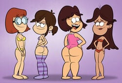 4girls ass big_ass bikini brown_hair cleavage dana dana_(the_loud_house) earrings female female_only glasses human lipstick monica multiple_females multiple_girls open_mouth pam pam_(the_loud_house) pearl_necklace purple_background red_hair scobionicle99 simple_background smile straight_hair teri teri_(the_loud_house) the_loud_house thick thick_ass thigh_highs thighhighs