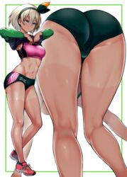 1girls abs absurdres ass bea_(pokemon) bent_over big_ass dark-skinned_female dark_skin female female_only footwear highres human looking_at_viewer muscles muscular muscular_female nintendo outerwear pokemon pokemon_ss pukara solo thigh_gap toned_female wide_hips