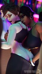 2girls 3d ass breast_grab dark-skinned_female dark_skin female female_only fingering fondling fondling_breast grabbing_from_behind hand_under_clothes interracial junkerz nightclub overwatch pharah public tracer yuri