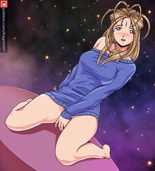 1girls belldandy blush bottomless clothing covering_crotch female implied_nudity kagato007 kneeling looking_at_viewer no_panties oh_my_goddess! sitting solo sweater sweatshirt wariza