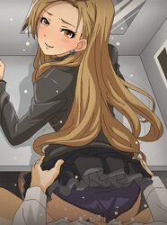 1boy arm_support bent_over black_jacket black_panties black_skirt blush brown_eyes brown_hair censored clothed_sex clothing_aside doggy_style ear_piercing female happy_sex idolmaster idolmaster_cinderella_girls jacket layered_skirt long_hair long_sleeves looking_at_viewer looking_back matsunaga_ryou mosaic_censoring panties panties_aside penis piercing pleated_skirt pov pussy sex skirt skirt_lift smile solo_focus straight sweat tomu_(tomubobu) torso_grab underwear vaginal_penetration