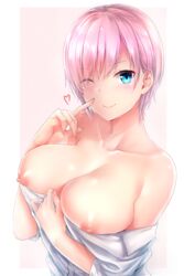 bangs blue_eyes blush border breasts cleavage closed_mouth collared_shirt dress_shirt exposed_shoulders female female fing finger_on_cheek go-toubun_no_hanayome heart high_resolution large_breasts large_filesize looking_at_viewer nakano_ichika nipples no_bra off_shoulder one_eye_closed paid_reward patreon_reward pink_background pink_hair purple_hair rei_kun shirt shirt_lift short_hair smile solo very_high_resolution white_border white_shirt wink