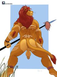 2019 anthro anthrofied ass backsack balls disney felid fur hair hi_res humanoid_penis kion lion male_only mammal markings melee_weapon negger nude pantherine penis polearm rear_view red_eyes red_hair simple_background solo_male spear standing the_lion_guard the_lion_king weapon yellow_body yellow_fur