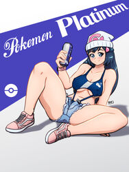 1girls blue_eyes blue_hair bluesupersonic blush breasts dawn_(pokemon) eye_contact female hat long_hair looking_at_viewer minishorts nintendo nipple_slip pale-skinned_female pale_skin partially_clothed pokemon pokemon_dppt shorts text thick_thighs thighs