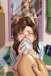 2girls blonde_hair blush brown_eyes brown_hair cigarette closed_eyes dirty_socks feet female female_only first_person_view foot_fetish foot_focus mirror multiple_girls painted_nails pii_(taromura) pov smell smelling smelly_feet sniff sniffing sniffing_feet sniffing_socks sock socks tagme yuri