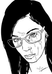 1girls black_hair cum_on_face female glasses looking_at_viewer monochrome original photo_reference realistic solo tagme