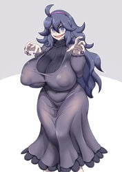 1girls ahegao8 ahoge bangs big_breasts breasts chubby cleavage covered_nipples dress eye_contact female grey_background hair_between_eyes hairband hex_maniac huge_ass huge_breasts impossible_clothes large_areolae large_breasts long_hair long_sleeves looking_at_viewer messy_hair nail_polish nintendo nipples nipples_visible_through_clothing open_mouth pokemon pokemon_xy pose puffy_nipples purple_dress purple_eyes purple_hair simple_background smile solo standing sweater thick_thighs turtleneck wide_hips