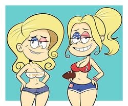 2girls aged_up american_flag big_breasts blonde_hair breasts cleavage hips large_breasts light-skinned_female light_skin lynn_loud multiple_females multiple_girls nickelodeon ronnie_anne_santiago scobionicle99 small_waist straight_hair the_loud_house thick_thighs thighs wide_hips