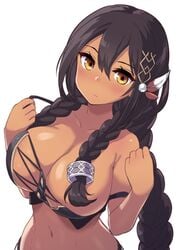 1girls azur_lane bangs bare_shoulders black_hair blush braid breasts brown_eyes cleavage closed_mouth crop_top dark-skinned_female dark_skin eyebrows_visible_through_hair feathers female hair_between_eyes hair_feathers head_tilt hori_(hori_no_su) large_breasts long_hair looking_at_viewer native_american navel simple_background solo south_dakota_(azur_lane) tied_hair white_background