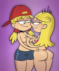 2girls aged_up ass ass_cleavage bikini breast_grab breasts butt_crack huge_ass huge_breasts huge_butt incest lana_loud lola_loud multiple_girls purple_background scobionicle99 shorts shortstack siblings simple_background sisters straight_hair the_loud_house thick_thighs tiara tomboy topless twin_sisters twincest twins yuri