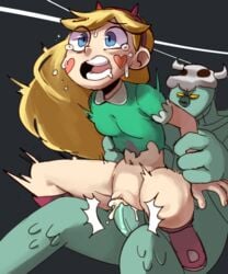 1boy 1girls ahe_gao arm_grab blonde_hair bottomless clitoris cum cum_in_pussy cum_inside duo female interspecies lakilolom long_hair ludo_(svtfoe) male pale-skinned_female penetration penis pussy reverse_cowgirl_position sex simple_background star_butterfly star_vs_the_forces_of_evil tears vaginal_penetration