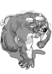 1boy 2018 5_fingers all_fours anthro biceps blunted_horn blush bodily_fluids body_hair bovid bovine cattle chest_hair curtis_wuedti fingers greyscale hi_res horn male male_only mammal monochrome muscular muscular_male muzzle_(object) muzzled nude saliva shaking simple_background solo submissive submissive_male tears white_background