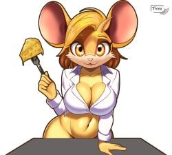 1girls ai-created ai_generated blonde_hair brie_(queso2033) brown_fur cheese food fork furry large_breasts mouse navel rodent rodent_humanoid smile table thyhsilverfeet yellow_eyes