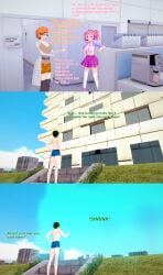 original oc original_character xavierhuge xavier_huge sigrid_psyze charlotte_strema 1boy 2girls male green_hair pink_hair orange_hair underwear female muscular muscular_male shrinking 3d english_text text koikatsu