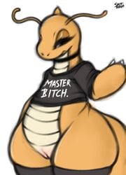 1girls 2019 3_fingers antennae anthro anthrofied ass belly big_ass black_eyes bottomless choker chubby claws clothed clothing digital_media_(artwork) dragon dragonite english_text eye_contact eyelashes eyeshadow feelers female female_pokemon flat_chest half-closed_eyes hi_res horn huge_ass jewelry legwear looking_at_viewer makeup necklace nintendo orange_skin original_character overweight overweight_female pokémon_(species) pokemon pokemon_(species) pokemon_rgby pose pussy saltyxodium scalie shirt signature simple_background solo standing stockings t-shirt tail text thick_thighs thigh_highs thighhighs topwear video_games white_background wide_hips