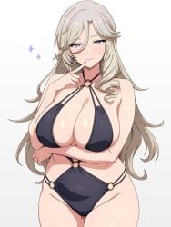 1girls arm_under_breasts bare_arms black_one-piece_swimsuit blue_eyes breasts brown_hair cleavage female_only jiuyuan_(neverness_to_everness) large_breasts looking_at_viewer mei_ichi never neverness_to_everness solo tagme thighs
