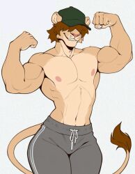 1boy ai_generated anthro anthro_only baseball_cap beefy beige_body beige_fur brown_hair feline flexing flexing_arms flexing_both_biceps flexing_muscles furry furry_male furry_only grey_sweatpants hat lion lion_boy lion_ears lion_tail male muscular muscular_arms muscular_male pink_nipples pink_nose posing posing_for_picture posing_for_the_viewer smile smirking smirking_at_viewer solo topless topless_male