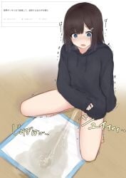 1girl arm_at_side black_hair black_hoodie blue_eyes blush bottomless commentary_request drawstring from_above full_body highres hood hood_down hoodie kanekan long_sleeves motion_lines nose_blush open_mouth original parted_bangs partial_commentary pee pee_pad peeing short_hair sleeves_past_wrists solo sound_effects spread_legs squatting tearing_up translation_request wet_spot