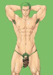 reito_raichi one_piece fundoshi fundoshi_only penis_out balls_under_clothes normal_penis simple_background hands_behind_head abs six_pack censored censor_bar roronoa_zoro zoro zoro_(one_piece) bara barazoku bara_tits bara_tiddies 1boy male male_only male_focus manly masculine_male gay yaoi solo solo_focus solo_male muscular muscular_male muscles defined_muscles hunk beefy tough_guy bigger_male larger_male post-timeskip exibitionism frown frowning looking_at_viewer scars scar_on_face scar scar_across_eye scar_on_chest earrings japanese_male pirate penis big_dick_energy penis_down flaccid biceps flexing_bicep flexing_both_biceps pubic_hair armpit_hair hairy hairy_male green_pubic_hair green_hair green_armpit_hair