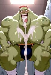 1boy ahe_gao ai_generated bang_(space_jam) bara blush bulge civitai cum cum_in_mouth cum_on_pecs gay ginger green_skin jockstrap locker_room looney_tunes male male_only monster moobs muscular nipples pinklicorice puffy_nipples solo space_jam squatting warner_brothers yaoi