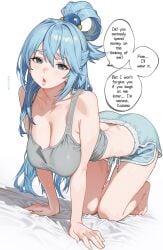 1girls 2d alternate_version anime_girl anime_style aqua_(konosuba) arched_back ass_up bare_back bare_legs bare_shoulders bare_thighs bareback barefoot bending_over bent_over big_breasts blue_eyes blue_hair breasts bunny_tail busty busty_female casual_clothes comfy curvy curvy_female cute doggy_position doggy_style doggy_style_position doggystyle english_text feet female hair_between_eyes hanging_breasts hi_res juicy_lips kono_subarashii_sekai_ni_shukufuku_wo! konosuba large_breasts leaning_forward light-skinned_female light_blue_hair light_skin lips long_hair looking_at_viewer melowh natural_breasts on_all_fours pajamas seductive seductive_expression seductive_eyes shorts solo talking_to_viewer tank_top tank_top_lift thick_lips thick_thighs thighs tied_hair