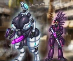 2026 alien anthro areola armor avian balls big_balls big_breasts big_penis blush bodily_fluids breasts butt clothed clothing cum cum_drip curvy_figure dialogue dripping duo english_text erection genital_fluids genitals gun gynomorph halo_(series) handgun hi_res holding_gun holding_object holding_ranged_weapon holding_weapon huge_balls huge_penis humanoid_genitalia humanoid_penis intersex kig-yar male microsoft outside penis ranged_weapon sangheili scalie standing text thick_thighs topwear vein veiny_penis vf-01s warrior weapon wide_hips xbox_game_studios