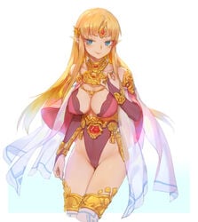 1girls adapted_costume alternate_costume bikini blonde_hair blue_eyes bracelet breasts cameltoe cleavage collar covered_breasts covered_nipples erect_nipples fingerless_gloves gem gloves gold_trim hair_ornament heiyz impossible_clothes jewelry large_breasts leotard long_hair looking_at_viewer navel nintendo nipples nipples_visible_through_clothing pointy_ears princess_zelda seductive_smile smile solo swimsuit the_legend_of_zelda thighhighs thighs tiara very_long_hair zelda_(a_link_between_worlds)