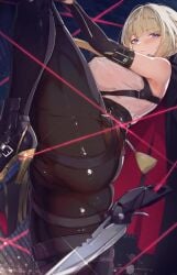 1girl ass bare_shoulders black_gloves black_jacket black_pants blonde_hair blush breasts cameltoe chest_harness closed_mouth commentary covered_erect_nipples cropped elbow_gloves evelyn_chevalier female female_only from_side gloves harness high-waist_pants high_heels highres jacket jacket_on_shoulders knife large_breasts leg_up necktie pants purple_eyes shirt solo split standing standing_on_one_leg standing_split ura_illust white_shirt yellow_necktie zenless_zone_zero