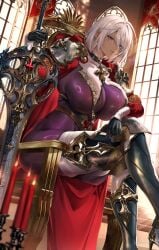 1girl absurdres arm_on_knee armor armored_boots artist_request banner blurry blurry_foreground bodysuit boots breast_curtains breasts candle candlelight candlestand cape closed_mouth collar commentary commission crossed_legs dark-skinned_female dark-skinned_female_warrior_(civila123) dark_skin expressionless feet_out_of_frame female female_only fire from_below from_side gem gold gold_trim hair_between_eyes hair_over_one_eye high_heels highres holding holding_sword holding_weapon indoors knee_armor knee_boots large_breasts light_rays looking_at_viewer original ornate_weapon pauldrons planted planted_sword purple_bodysuit purple_eyes red_candle red_cape red_gem second-party_source shoulder_armor sitting solo stairs sword thighs weapon white_hair window