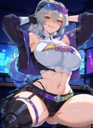 1girls ai_generated bare_shoulders big_ass big_breasts big_butt big_hips big_thighs black_thong blush boobaai breasts curvaceous curvaceous_female curvaceous_figure curvy curvy_figure deep_skin exposed exposed_midriff exposed_torso female female_focus fishnet_legwear front_view gamer_girl gamer_room glasses glasses_on_head gloves gray_eyes gray_hair groping hair hair_between_eyes hair_ornament hands_behind_head honkai:_star_rail horny horny_female hoyoverse huge_ass huge_breasts huge_butt huge_thighs indoors jacket_on_shoulders jacket_open large_ass light-skinned_female light_skin lips long_hair mechanical_glove mechanical_tail mihoyo minidress minishorts monitor monitors navel neon neon_lights parted_lips pc sexy short_clothing short_shorts silver_wolf_(honkai:_star_rail) silver_wolf_(lv.999)_(honkai:_star_rail) spiral_hair squatting sweat thigh_strap thong thong_underwear toned_female toned_stomach top twintails voluptuous voluptuous_female wide_hips