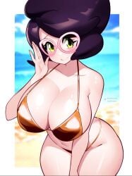 1girls big_breasts bikini bikini_bottom bikini_top green_eyes purple_hair short_hair bottomwear breasts cleavage female female_only golden_bikini golden_week hair huge_breasts mature mature_female mature_woman milf pokemon pokemon_sm solo solo_female swimwear thighs topwear yellow_bikini eyewear pink_glasses glasses wicke_(pokemon) jaxdrawz wide_hips hips thick_thighs