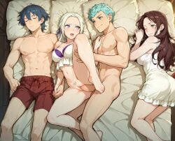 2boys 2girls ai_generated blue_hair breasts brown_hair byleth_(fire_emblem) byleth_(fire_emblem)_(male) caspar_von_bergliez dancer dancing dark_green_hair dorothea_arnault echoanomaly edelgard_von_hresvelg female fire_emblem fire_emblem:_three_houses friends fully_nude furniture green_eyes group imminent_threesome looking_at_partner male naked_dancing nipples princess purple_eyes seduction seductive_pose sleeping supporting_partner video_game_character wedding_ring white_hair