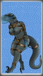 angry anthro arms_tied bagged bdsm big_breasts blue_(jurassic_world) bound bound_and_gagged breasts claws clothing collar crotch_rope dinosaur dromaeosaurid face_veil female gag gagged hands_behind_back harem harem_jewelry harem_outfit hi_res humiliation jewelry jurassic_park jurassic_world leather lovemummification muzzle_(object) muzzle_gag muzzled nipples non-mammal_nipples prehistoric_species reptile rope saurischian scalie sex_slave slave solo theropod translucent translucent_clothing universal_studios velocirapto