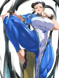 1girl absurdres big_breasts black_hair black_shoes blue_bodysuit blue_pants bodysuit bracelet bracelets breasts brown_eyes bun_cover capcom china_dress chinese_clothes chun-li chun-li_(street_fighter_6) cleavage_cutout clothing_cutout commentary double_bun dress earrings fighting_stance foot_out_of_frame gold_ribbon gold_trim hair_bun hair_ribbon hand_on_own_knee highres jewelry large_breasts leg_up lipgloss lips looking_at_viewer mature_female milf muscular muscular_female pants parted_lips pearl_earrings pelvic_curtain pink_lips ribbon shoes short_sleeves solo street_fighter street_fighter_6 taiyang_yu thick_thighs thighs tight_clothes tight_pants white_background yellow_ribbon