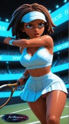 aeon_hill ai_generated aiuniverse56 big_breasts brown_eyes brown_hair cleavage cleft_of_venus crop_top dark-skinned_female dark_skin dreadlocks large_breasts midriff miraculous:_tales_of_ladybug_and_cat_noir miraculous_ladybug miraculous_ladybug_new_york navel pleated_skirt pussy shaved_pussy short_hair short_skirt skirt stable_diffusion sweaty sweaty_body sweaty_skin tennis tennis_outfit tennis_racket tennis_uniform wide_hips