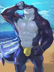 2025 3:4 3:4_aspect_ratio 3:4_ratio 5_fingers abs anthro aquatic areola beach biped blue_body blue_skin blue_tail bracelet bulge claws clothed clothed_anthro clothed_male clothing cloud colored day detailed_background detailed_bulge digital_media_(artwork) fin finger_claws fingers fish glistening glistening_body glistening_skin hand_on_head happy happy_male head_fin jewelry looking_at_viewer male male_anthro multicolored_body multicolored_skin multicolored_tail muscular muscular_anthro muscular_male nipples non-mammal_nipples one_eye_closed outside pecs pink_areola pink_nipples public_topless sand sea shark shark_boy shark_fin shark_humanoid shark_tail sharp_teeth sky smile smiling_at_viewer solo standing tail teeth thong thong_only topless topless_anthro topless_male two_tone_body two_tone_skin underwear underwear_only water white_body white_skin white_tail wink winking_at_viewer yellow_bracelet yellow_clothing yellow_thong yellow_underwear