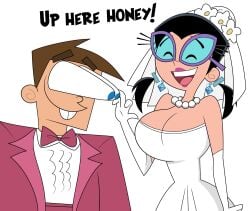 big_breasts black_hair blue_eyes bowtie bridal_veil bride brown_hair buckteeth earrings elbow_gloves english_text eyes_popping_out female floral_head_wreath glasses gloves groom necklace nickelodeon pearl_necklace the_fairly_oddparents timmy_turner toonberculosis tootie tuxedo twin_pigtails wedding wedding_attire wedding_dress white_background
