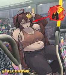 1girl big_breasts brunette_hair falcondwr laying_back listening_to_music midriff_showing muffin_top on_bus realistic_background roxy_(falcondwr) shaved_armpits tanktop tight_shirt