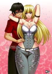 1boy 1girls bedroom_eyes before_sex behind black_eyes black_hair blonde_hair blue_eyes clothed clothed_female clothed_male clothing emilie_de_rochefort female glasses hand_on_head hands_on_hips holding_hips jadenkaiba long_hair male namco original_character raised_arm raised_eyebrows smile smiling smirk smirking tanned_skin tekken