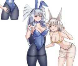 melia_antiqua nia xenoblade_(series) xenoblade_chronicles_3 melia_antiqua_(xenoblade_3) nintendo monolith_soft colored tagme 2girls yuri alternate_costume grabbing_from_behind grabbing_ass groping_ass annoyed annoyed_expression suggestive_look peace_sign bunnysuit bunny_ears fake_animal_ears cat_ears catgirl bikini succducc888 long_hair yellow_eyes blue_eyes bunny_tail fake_tail multiple_views female female_only leotard leggings tight_clothing revealing_clothes navel breasts large_breasts medium_breasts thigh_strap bow bowtie cuff_links wings_on_head wings core_crystal core_crystal_(xenoblade) choker looking_at_viewer tounge_out sticking_out_tongue blush blushing twirling_hair adjusting_clothes alternate_version_available