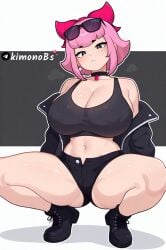 1girl solo breasts looking_at_viewer simple_background large_breasts white_background closed_mouth bow jewelry navel jacket cleavage bare_shoulders full_body collarbone pink_hair earrings heart shoes thighs hair_bow open_clothes boots shorts choker artist_name midriff twitter_username stomach grey_background black_jacket open_jacket black_eyes spread_legs red_bow black_shoes black_choker covered_nipples black_shorts black_boots shadow thick_thighs sunglasses bright_pupils squatting tank_top eyewear_on_head letterboxed armpit_crease black_tank_top open_fly heart_choker melodie_(brawl_stars) kimonobs supercell tagme ai_generated brawl_stars front_view
