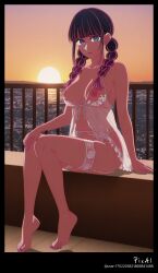 1girl feet detailed_feet toes toenails barefoot feet_focus nail_polish mature_female sitting summer_lingerie deep_plunging_neckline breasts nipples strappy_micro_thong garter_belt sheer_stockings standing_on_luxury_hotel_balcony sunset seductive_pose oiled_glowing_skin 8k lighting detailed_fabric sharp_focus makeup full_body long_hair bangs blue_eyes black_hair gradient_hair pink_hair multicolored_hair purple_lips medium_breasts twintails braids monemone_anemone oshi_no_ko ai_generated
