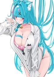 1girl :3 absurdres animal_ear_fluff animal_ears aqua_hair aqua_nails bell blue_hair blush bra breasts cat_ears cat_girl cat_tail choker closed_mouth collared_shirt colored_eyelashes commentary hair_ornament highres jingle_bell large_breasts long_hair long_sleeves looking_at_viewer mint_(leisurely_holiday)_(neverness_to_everness) mint_(neverness_to_everness) multicolored_hair nail_polish neck_bell neverness_to_everness official_alternate_costume pink_bra pink_choker pink_eyes pink_hair shirt smile solo tagme tail tail_between_breasts tera_(8757) two-tone_hair underwear very_long_hair white_shirt