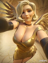 1girls breasts mercy_(overwatch) cleavage solo blonde_hair wings mechanical_wings blue_eyes choker large_breasts looking_at_viewer jewelry dress earrings gloves smile yellow_wings elbow_gloves lips yellow_dress reaching_towards_viewer black_gloves black_choker spread_wings nose reaching collarbone mercy overwatch ai_generated stable_diffusion pein
